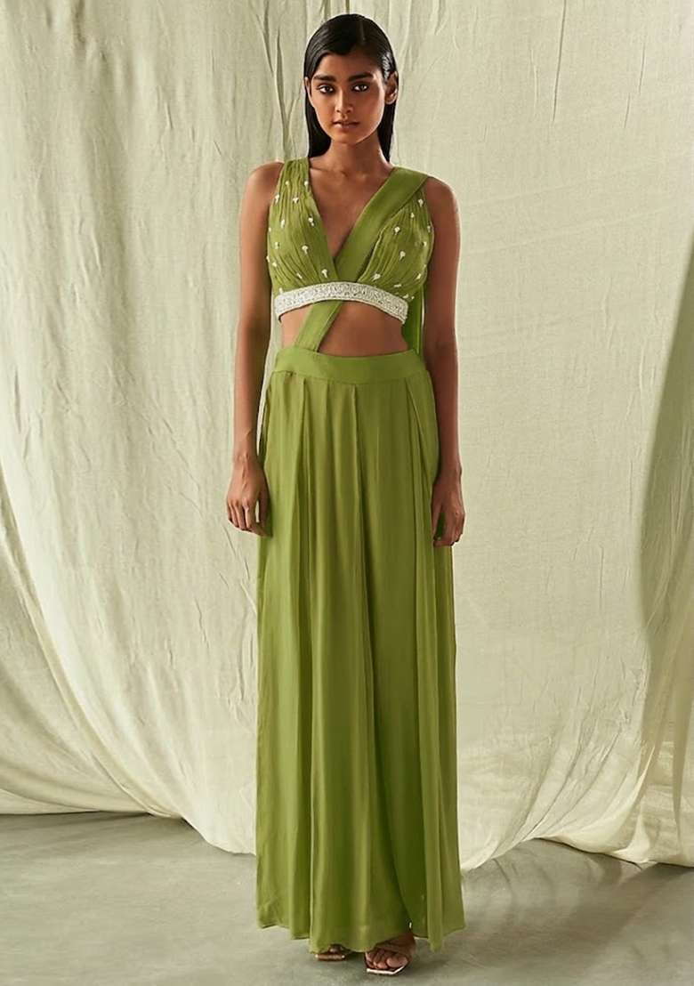 Olive Green Hand Work Embellished Fusion Set - Indya