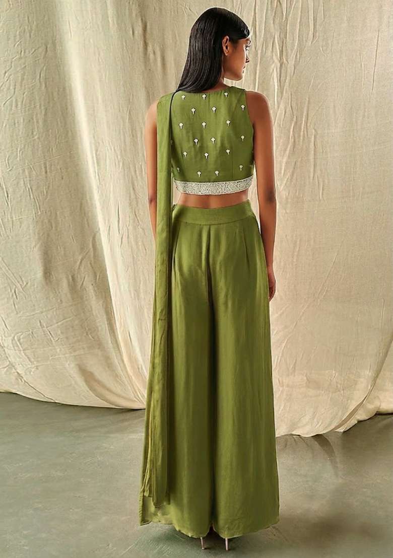 Olive Green Hand Work Embellished Fusion Set - Indya