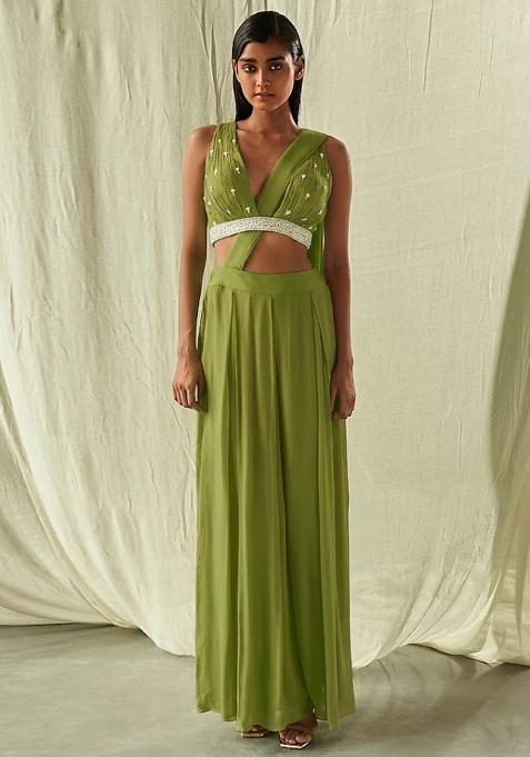 Olive Green Hand Work Embellished Fusion Set