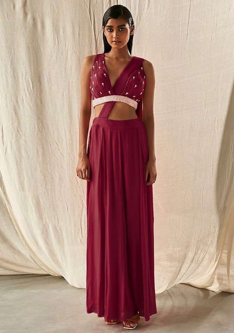 Red Hand Work Embellished Fusion Set - Indya