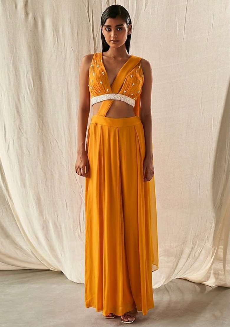 Golden Yellow Hand Work Embellished Fusion Set - Indya