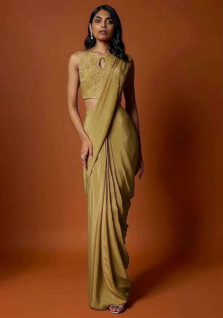 Golden Yellow Hand Work Sequin Pre Draped Saree Set - Indya