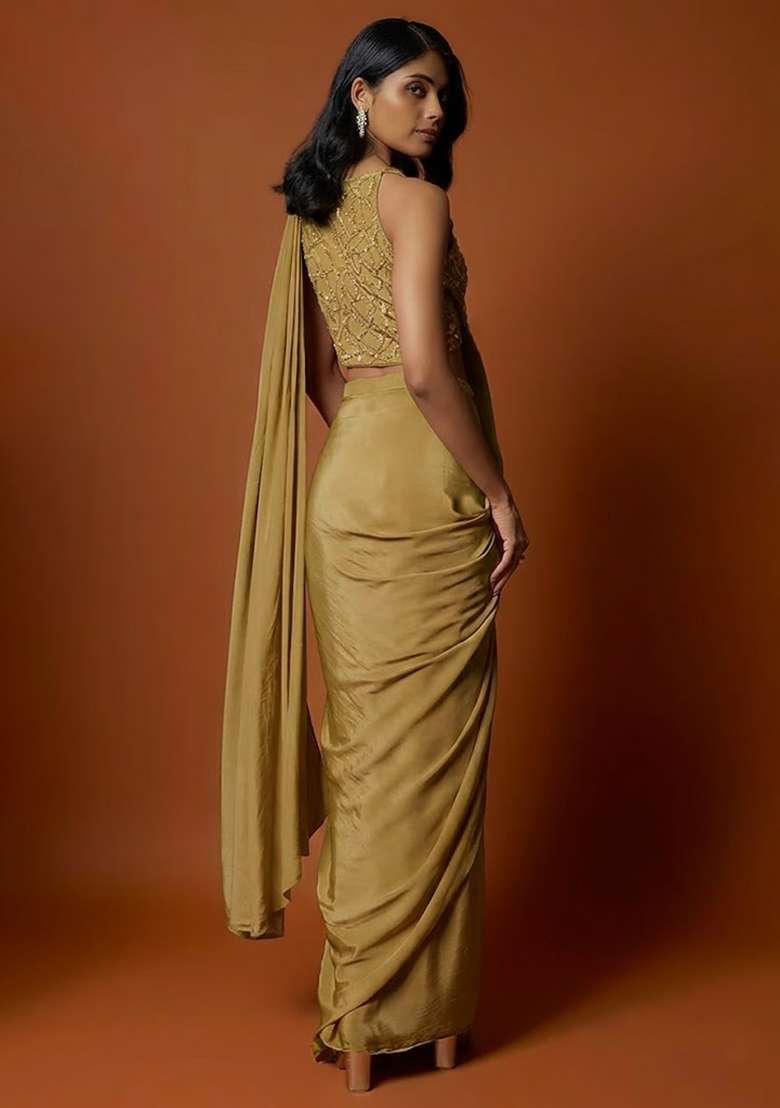Golden Yellow Hand Work Sequin Pre Draped Saree Set - Indya