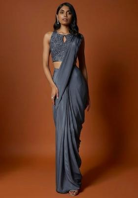 Grey Hand Work Sequin Pre Draped Saree Set