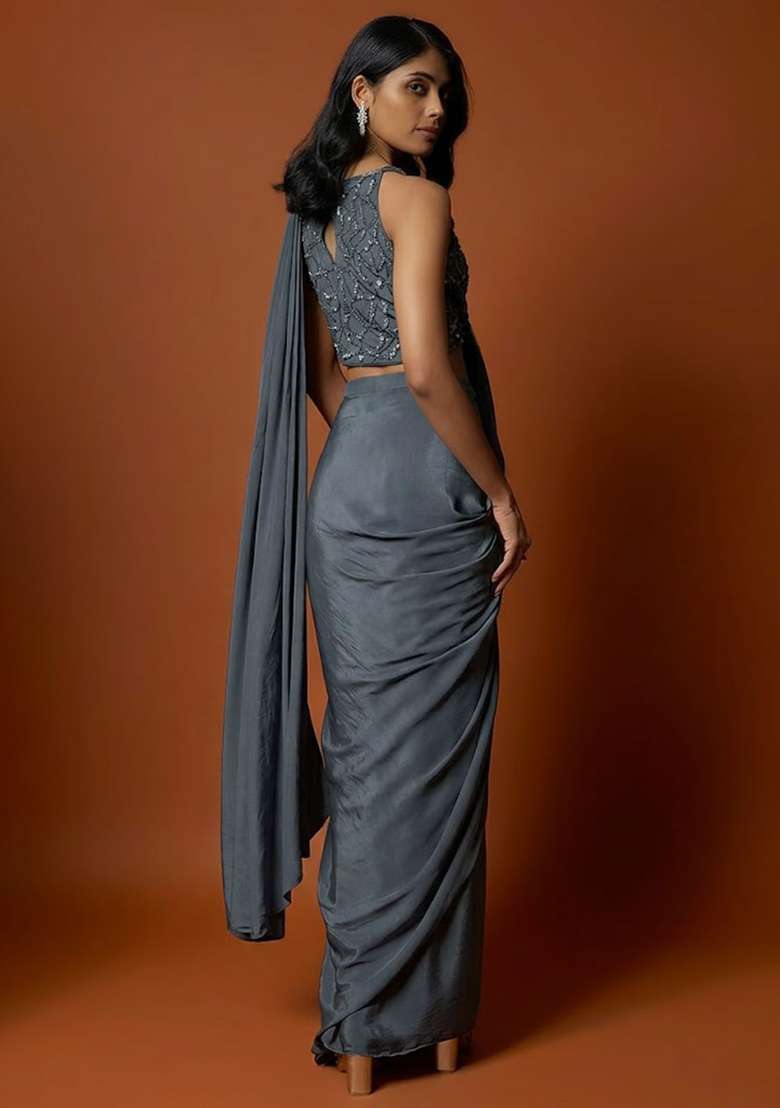 Grey Hand Work Sequin Pre Draped Saree Set - Indya