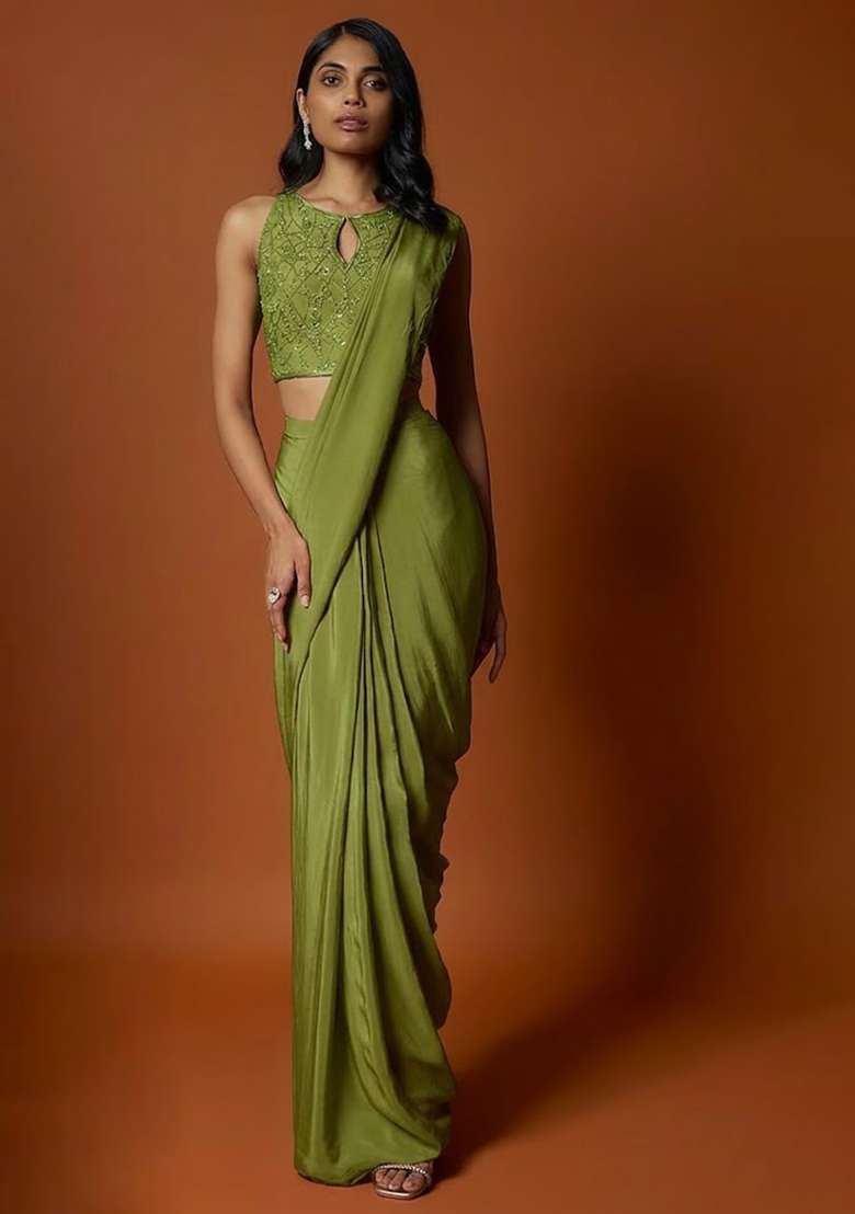 Olive Green Hand Work Sequin Pre Draped Saree Set - Indya