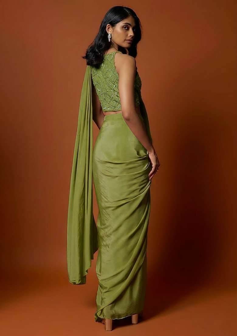Olive Green Hand Work Sequin Pre Draped Saree Set - Indya