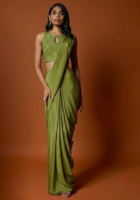 Olive Green Hand Work Sequin Pre Draped Saree Set