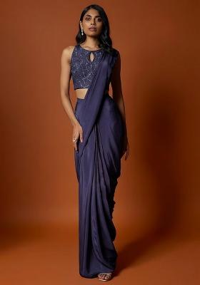Black Hand Work Sequin Pre Draped Saree Set