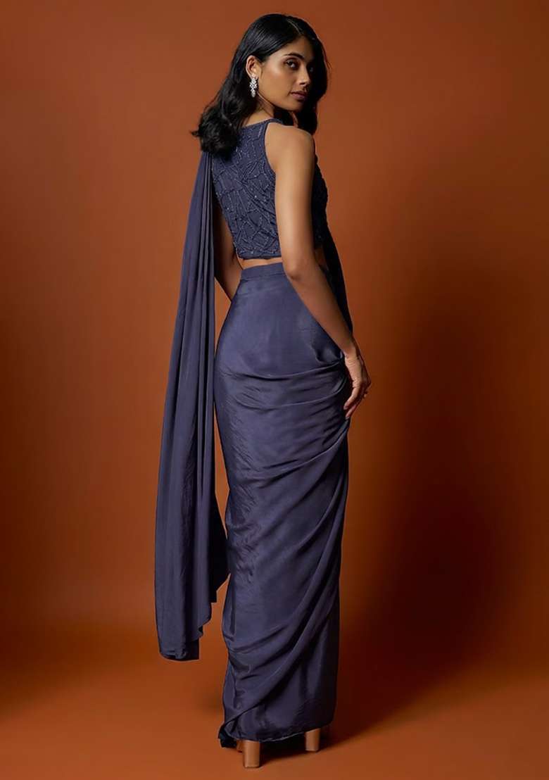 Black Hand Work Sequin Pre Draped Saree Set - Indya