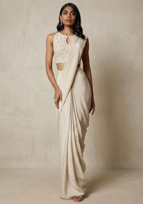 Off White Hand Work Sequin Pre Draped Saree Set