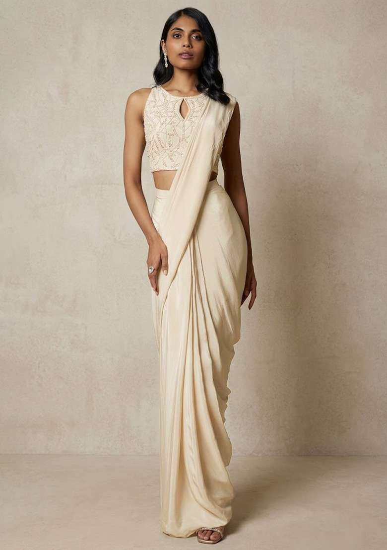 Off White Hand Work Sequin Pre Draped Saree Set - Indya