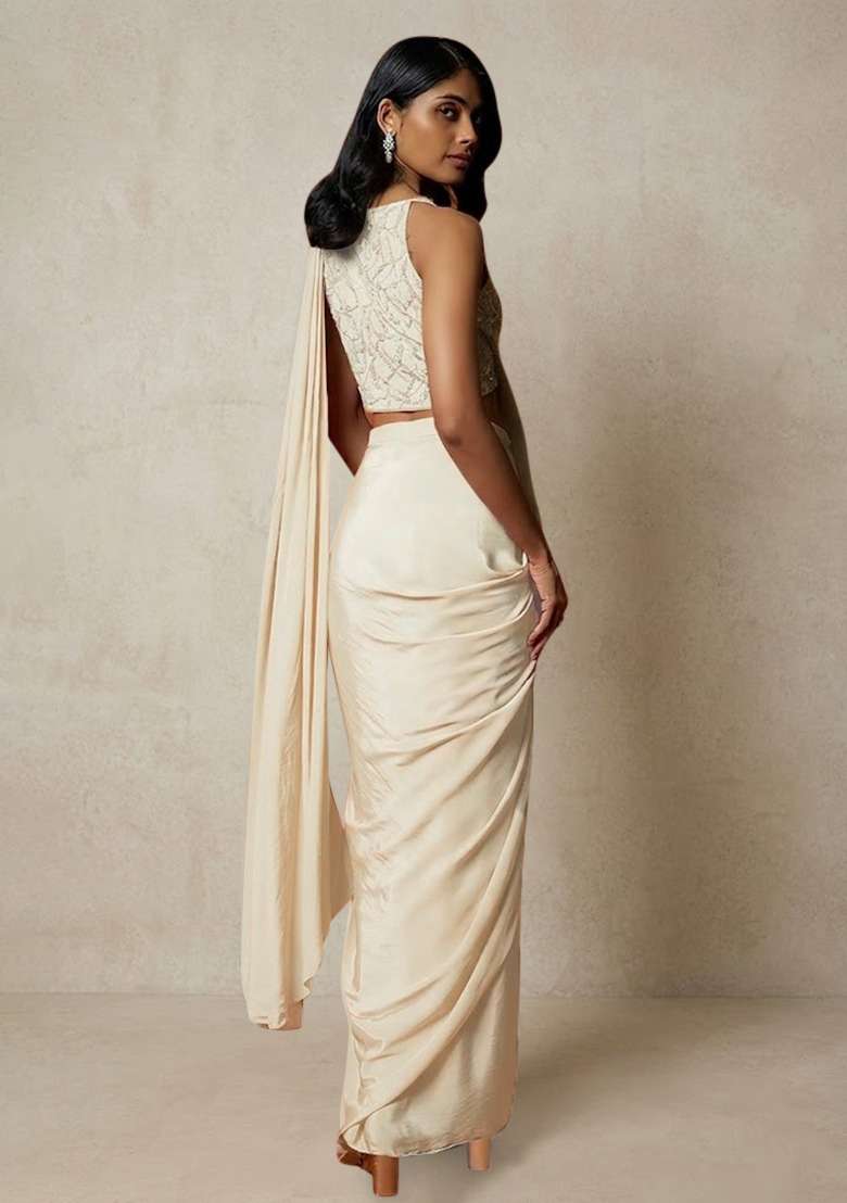Off White Hand Work Sequin Pre Draped Saree Set - Indya