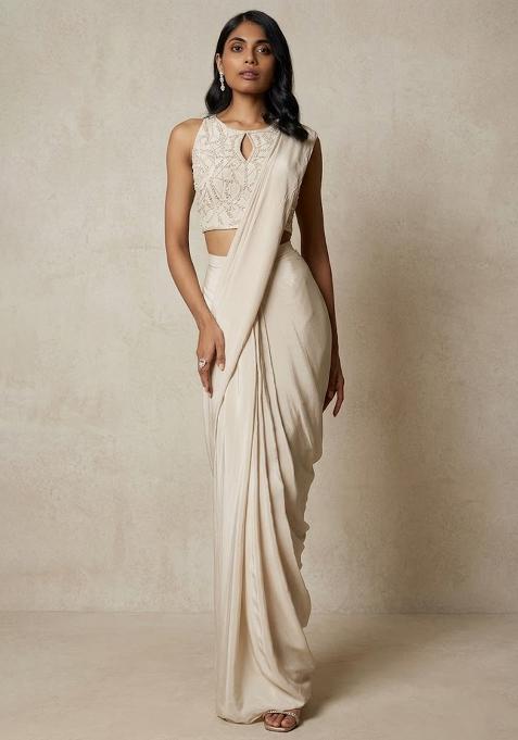 Off White Hand Work Sequin Pre Draped Saree Set