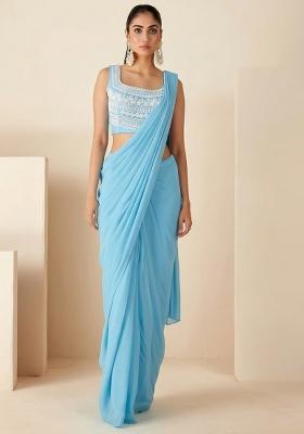 Light Blue Hand Work Embroidered Pre Draped Saree Set