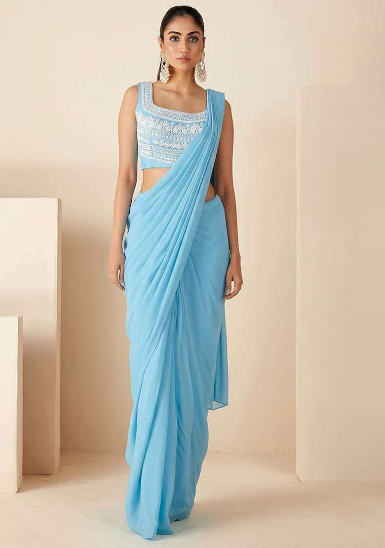 Light Blue Hand Work Embroidered Pre Draped Saree Set - Indya