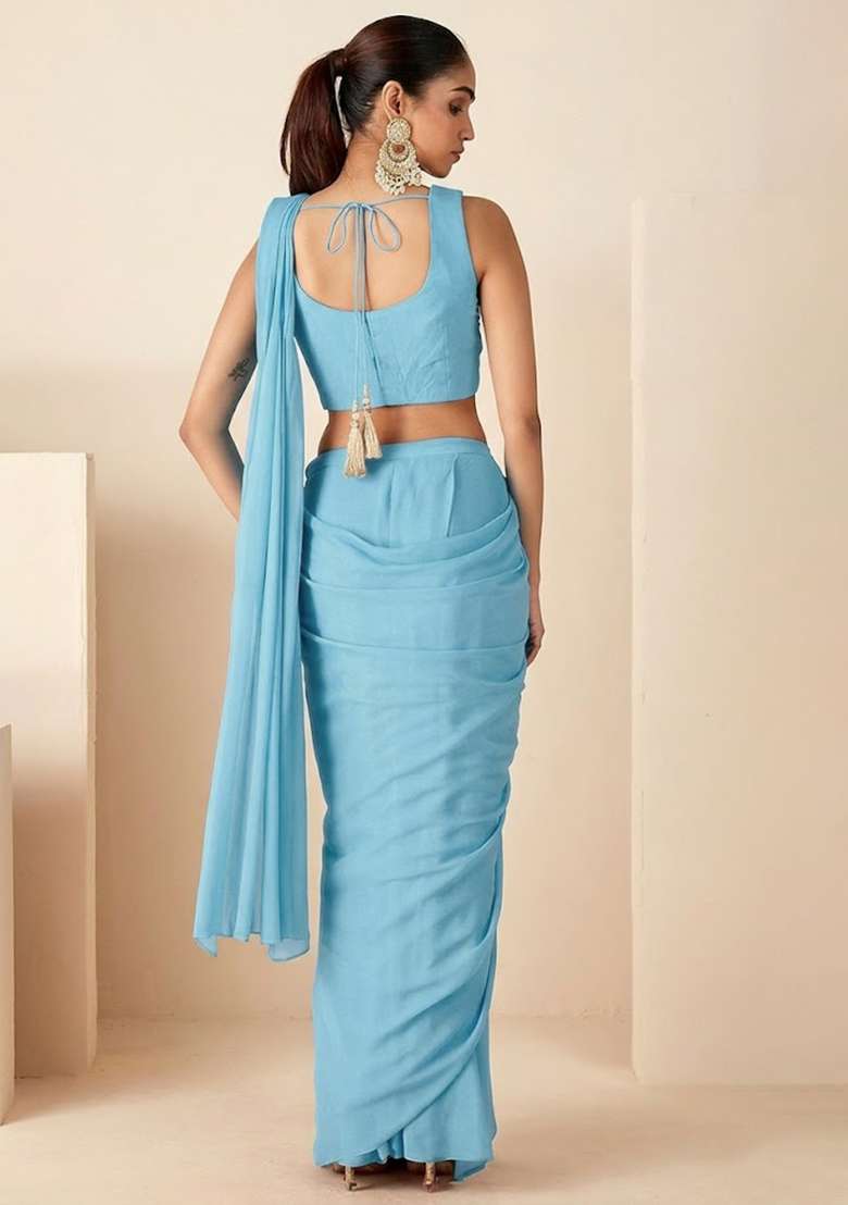 Light Blue Hand Work Embroidered Pre Draped Saree Set - Indya