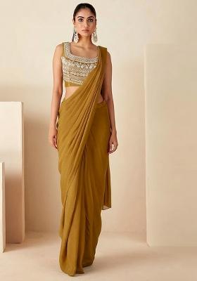 Golden Yellow Hand Work Embroidered Pre Draped Saree Set