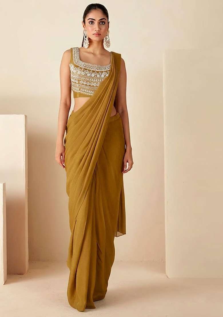 Golden Yellow Hand Work Embroidered Pre Draped Saree Set - Indya