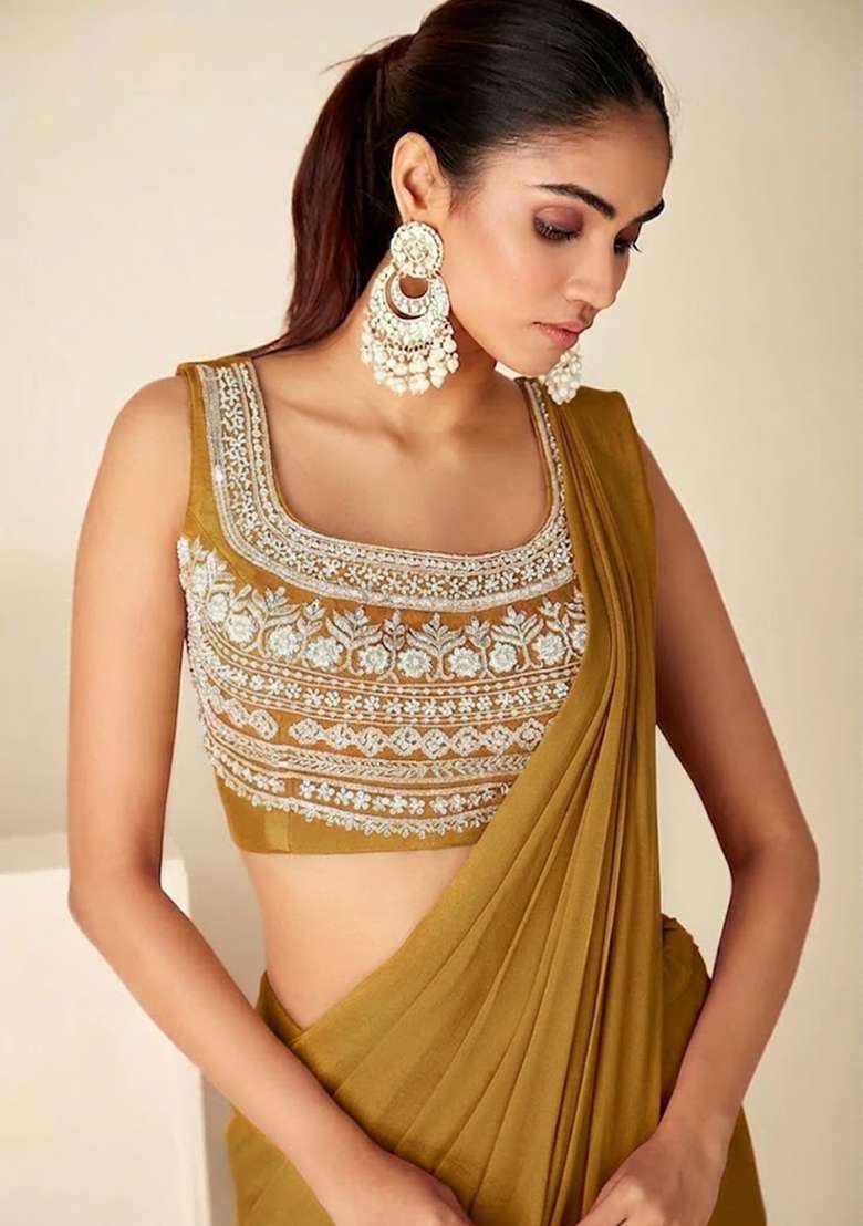 Golden Yellow Hand Work Embroidered Pre Draped Saree Set - Indya