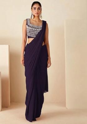 Deep Blue Hand Work Embroidered Pre Draped Saree Set