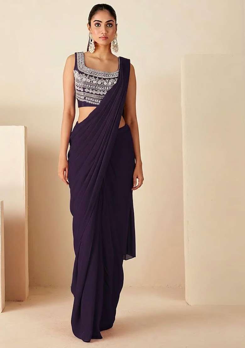 Deep Blue Hand Work Embroidered Pre Draped Saree Set - Indya