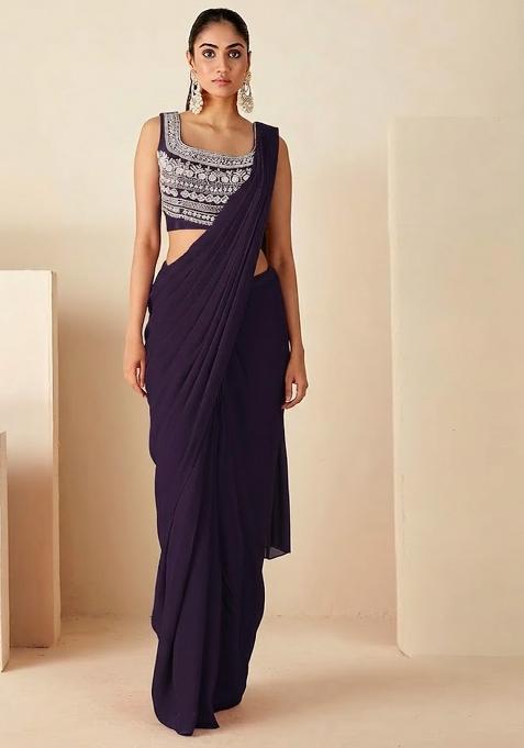 Deep Blue Hand Work Embroidered Pre Draped Saree Set