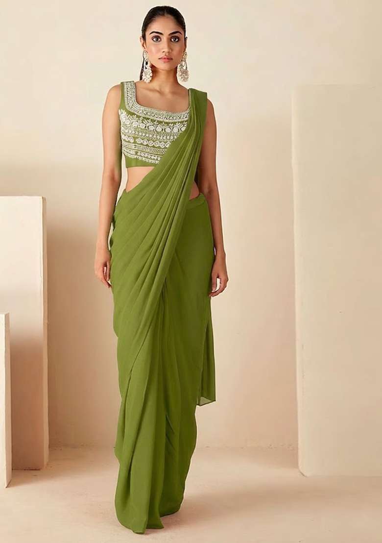 Olive Green Hand Work Embroidered Pre Draped Saree Set - Indya