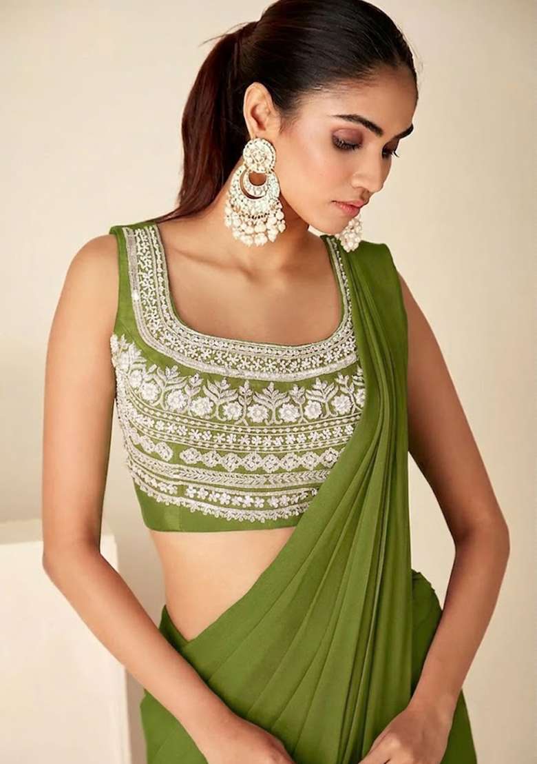 Olive Green Hand Work Embroidered Pre Draped Saree Set - Indya