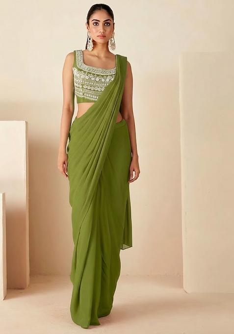 Olive Green Hand Work Embroidered Pre Draped Saree Set