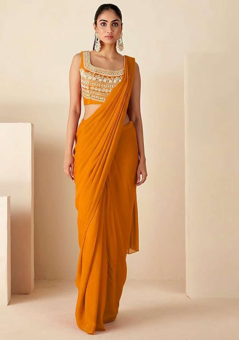 Golden Yellow Hand Work Embroidered Pre Draped Saree Set - Indya
