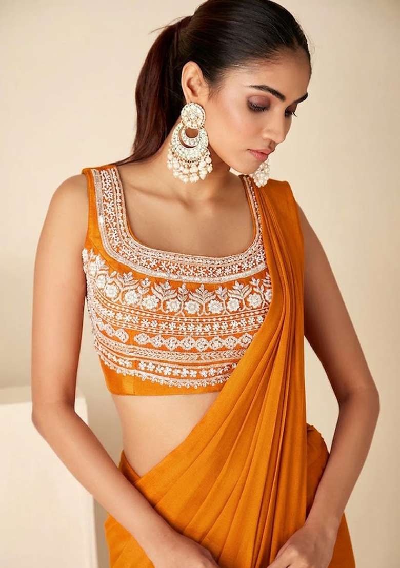 Golden Yellow Hand Work Embroidered Pre Draped Saree Set - Indya