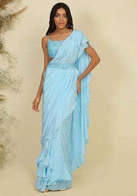 Light Blue Hand Work Sequin Pre Draped Saree Set