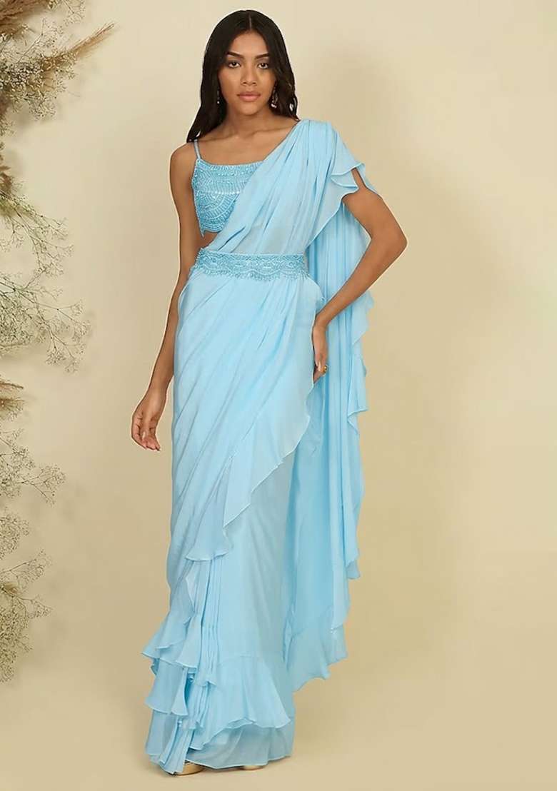 Light Blue Hand Work Sequin Pre Draped Saree Set - Indya