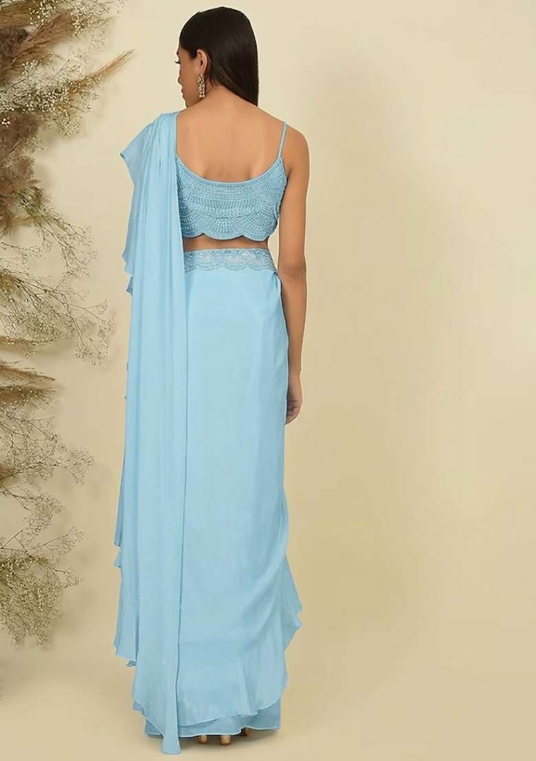 Light Blue Hand Work Sequin Pre Draped Saree Set - Indya