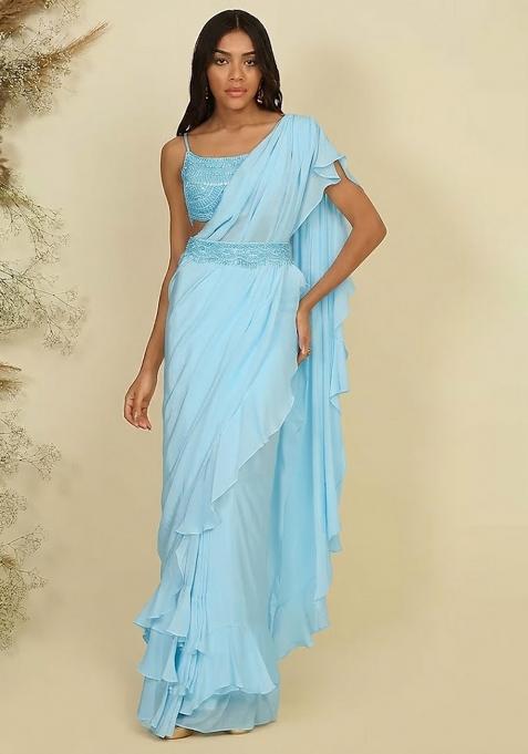 Light Blue Hand Work Sequin Pre Draped Saree Set