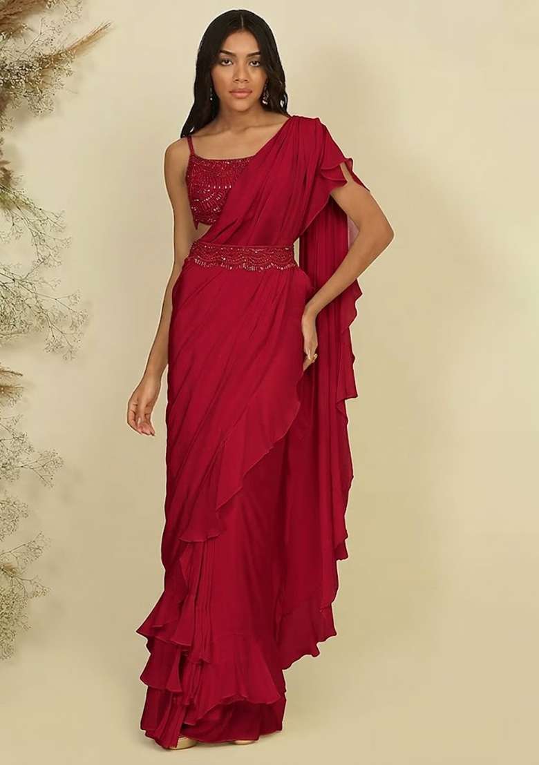Cherry Red Hand Work Sequin Pre Draped Saree Set - Indya