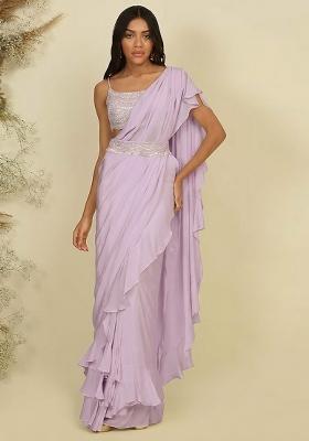 Light Purple Hand Work Sequin Pre Draped Saree Set