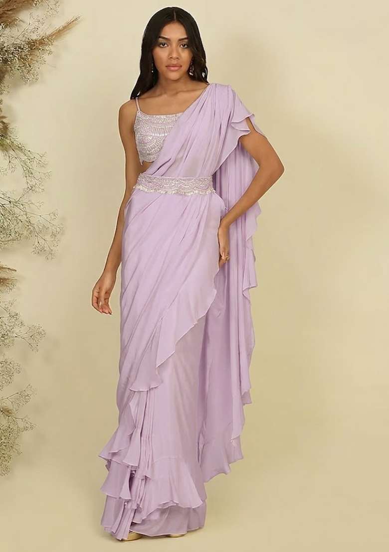 Light Purple Hand Work Sequin Pre Draped Saree Set - Indya