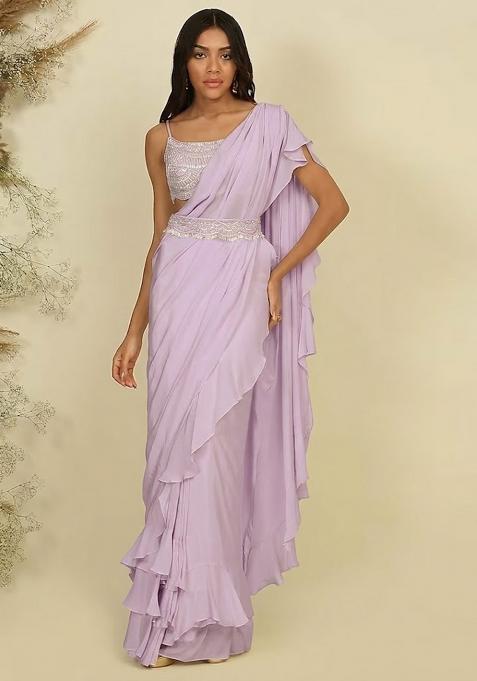 Light Purple Hand Work Sequin Pre Draped Saree Set