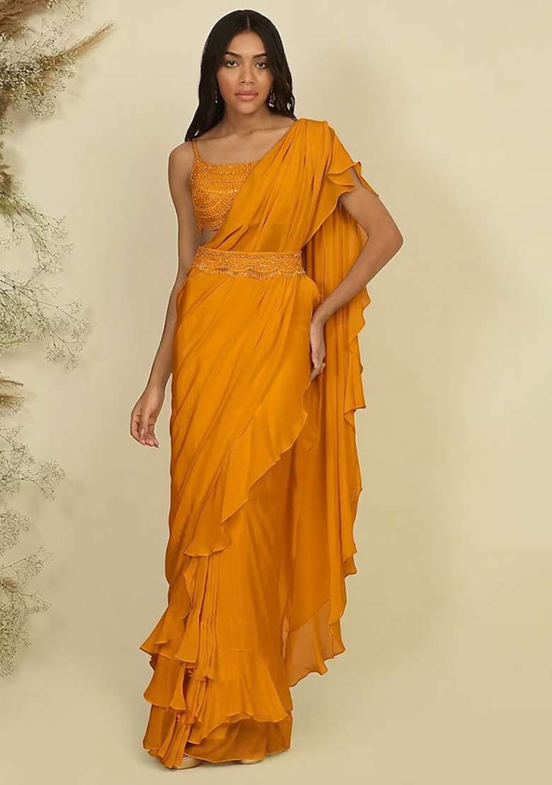 Golden Yellow Hand Work Sequin Pre Draped Saree Set - Indya