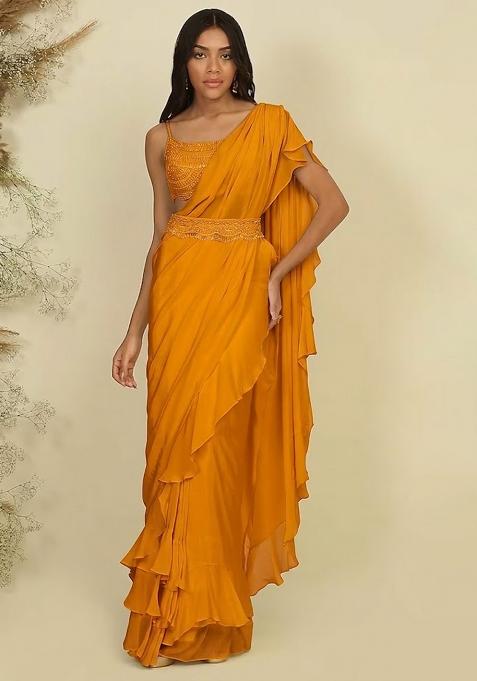 Golden Yellow Hand Work Sequin Pre Draped Saree Set