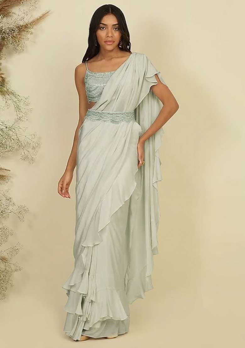 Sage Green Hand Work Sequin Pre Draped Saree Set - Indya