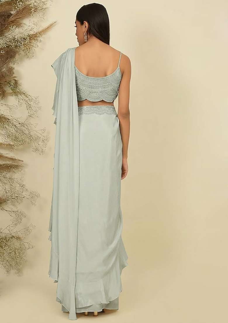 Sage Green Hand Work Sequin Pre Draped Saree Set - Indya