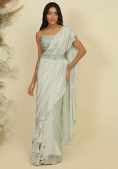 Sage Green Hand Work Sequin Pre Draped Saree Set