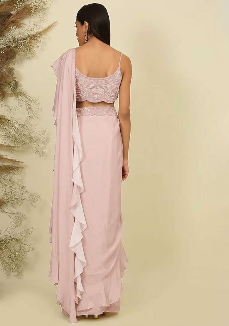 Soft Pink Hand Work Sequin Pre Draped Saree Set - Indya