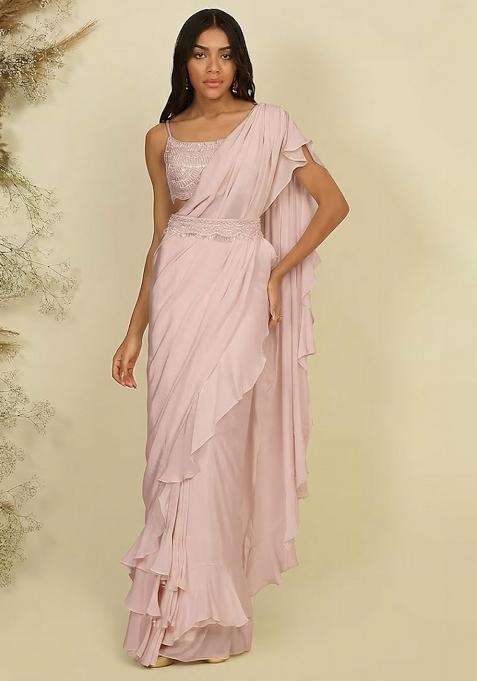 Soft Pink Hand Work Sequin Pre Draped Saree Set