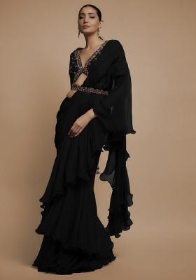 Black Hand Work Embroidered Pre Draped Saree Set