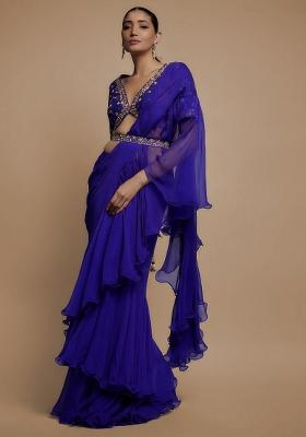 Blue Hand Work Embroidered Pre Draped Saree Set