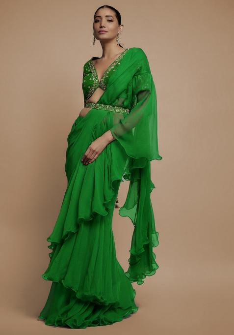 Light Green Hand Work Embroidered Pre Draped Saree Set